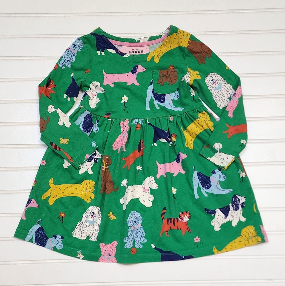 Mini Boden Girls Long Sleeve Green Dog Print Pocket Jersey Dress Size 4-5Y